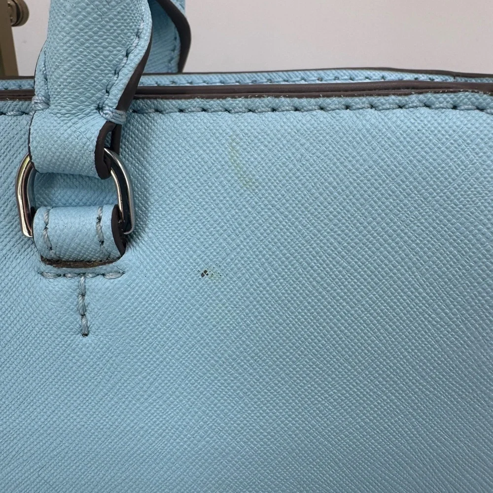 Tory Burch Baby Blue Leather Robinson Tote Two Way Silver Hardware Polo Scarf